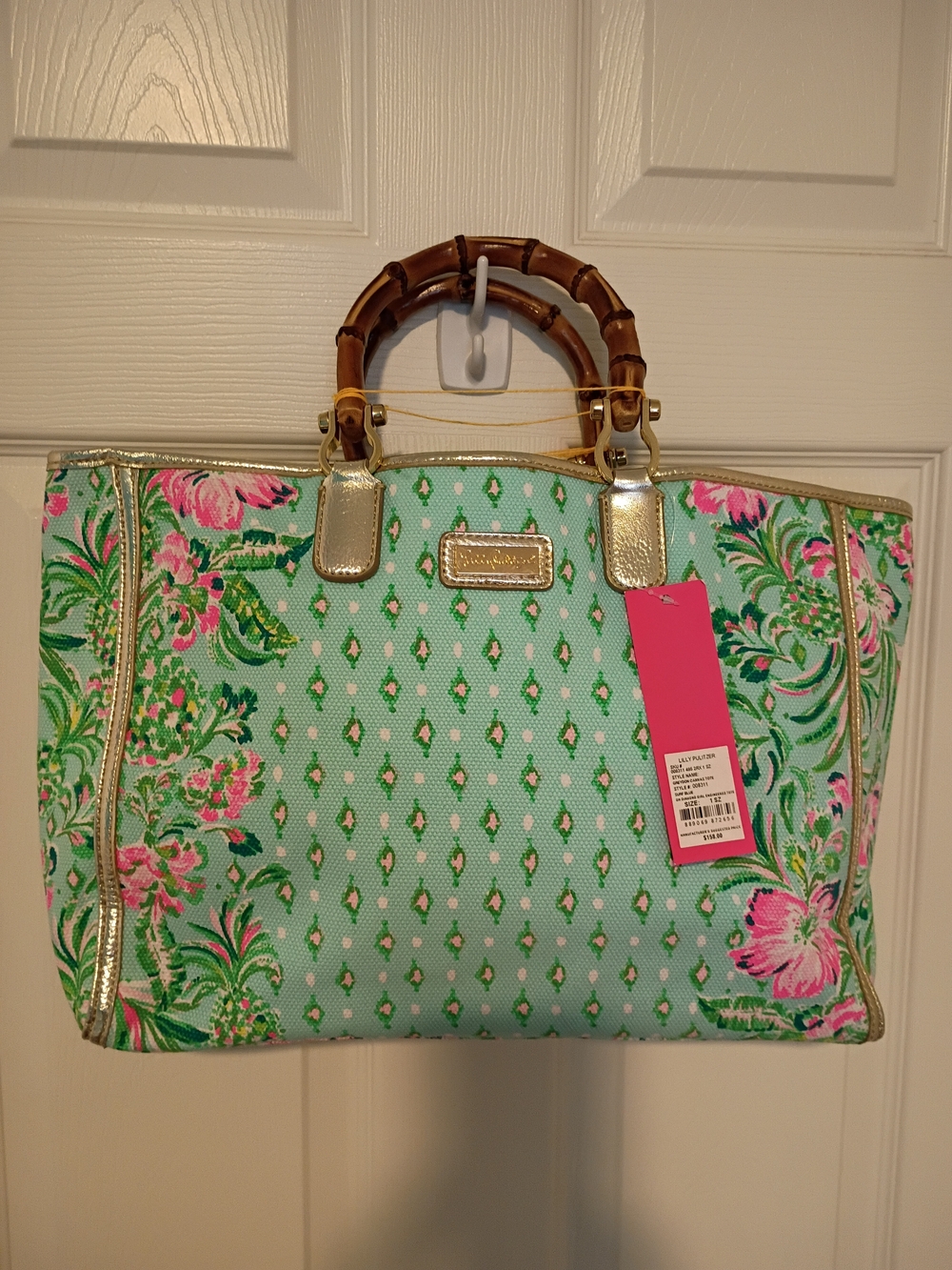 Lilly Pulitzer Greydon Canvas Tote Diamond Girl NEON Pink Accents NWT - Picture 3 of 10